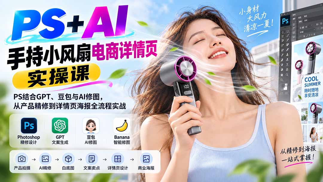 PS+AI手持小风扇电商详情页实操课：PS结合GPT、豆包与AI修图，从产品精修到详情页海报全流程实战-悟思笔记，一个低调的学习营。
