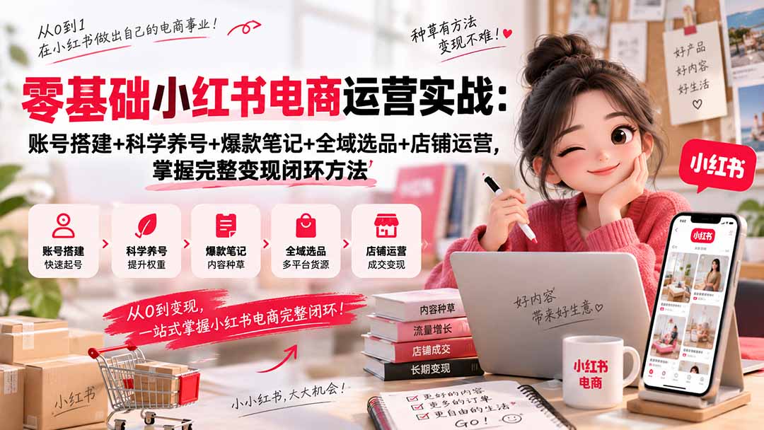 零基础小红书电商运营实战：账号搭建+科学养号+爆款笔记+全域选品+店铺运营，掌握完整变现闭环方法-悟思笔记，一个低调的学习营。