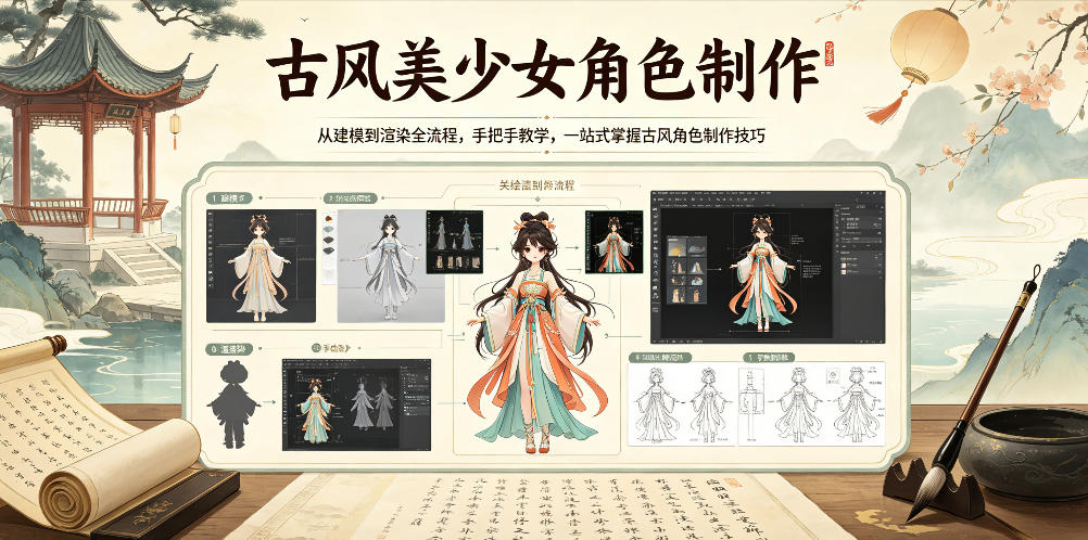 古风美少女角色制作，从建模到渲染全流程，手把手教学，一站式掌握古风角色制作技巧-悟思笔记，一个低调的学习营。