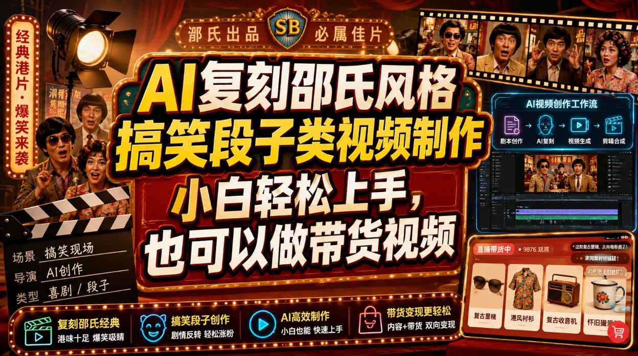 AI复刻邵氏风格搞笑段子类视频制作，小白轻松上手，也可以做带货视频-悟思笔记，一个低调的学习营。
