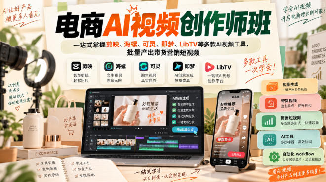 电商AI视频创作师班，一站式掌握剪映、海螺、可灵、即梦、LibTV等多款AI视频工具，批量产出带货营销短视频-悟思笔记，一个低调的学习营。