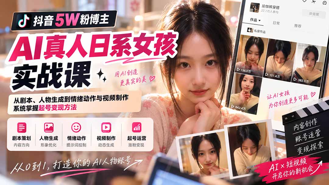 抖音5W粉博主AI真人日系女孩实战课：从剧本、人物生成到情绪动作与视频制作，系统掌握起号变现方法-悟思笔记，一个低调的学习营。