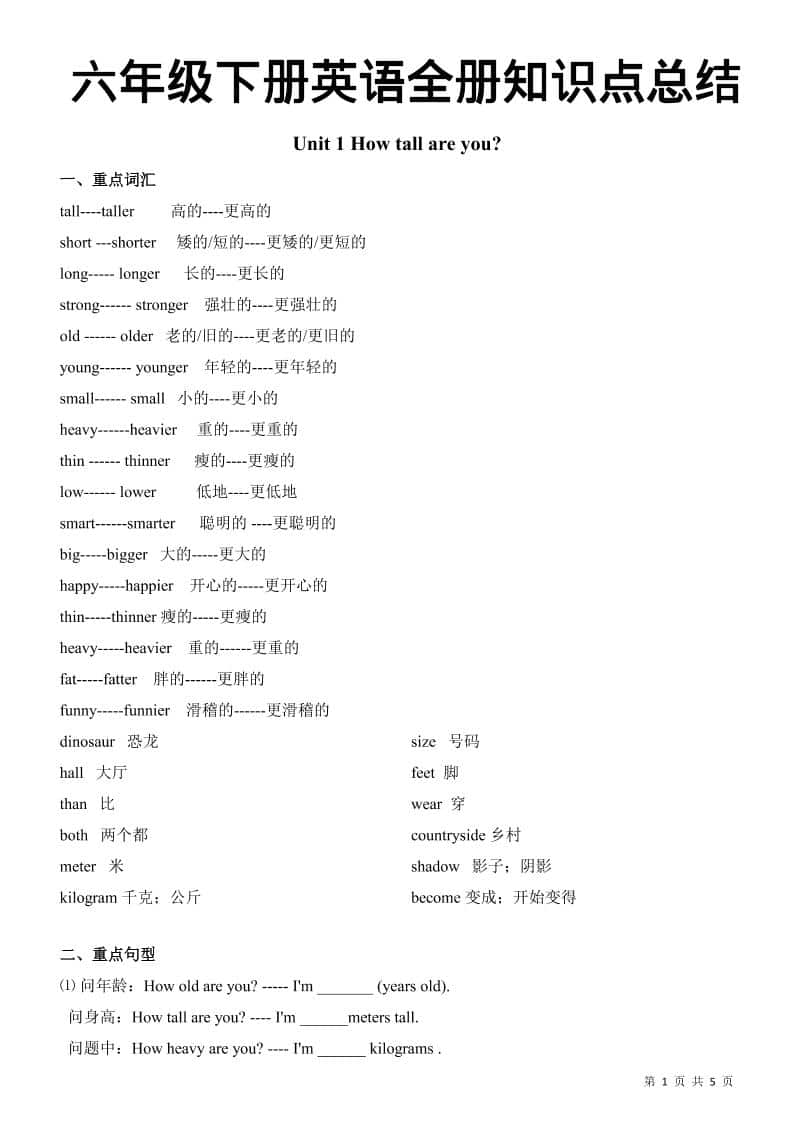 六年级下英语全册知识总结《人教版PEP》-悟思笔记，一个低调的学习营。