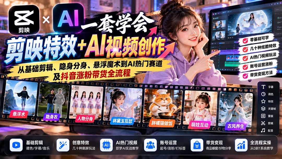 一套学会剪映特效+AI视频创作：从基础剪辑、隐身分身、悬浮魔术到AI热门赛道及抖音涨粉带货全流程-悟思笔记，一个低调的学习营。