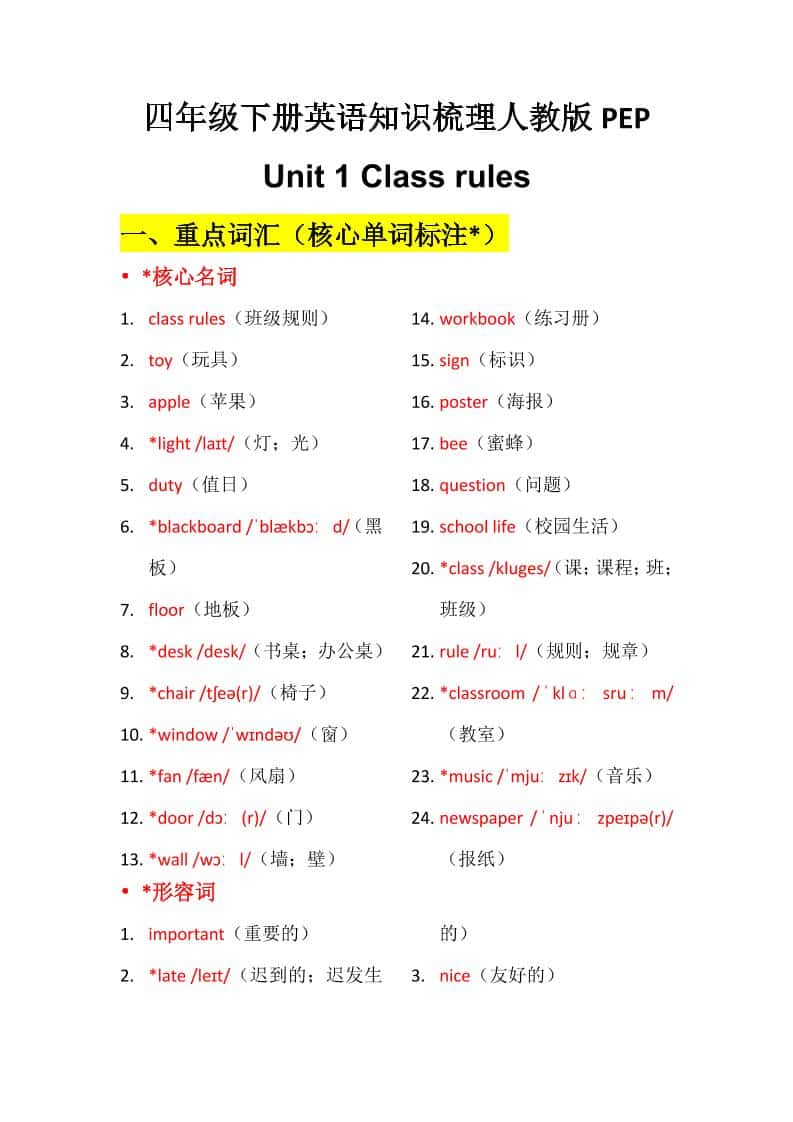 四年级下英语Unit1知识梳理+默写单《人教版PEP》-悟思笔记，一个低调的学习营。