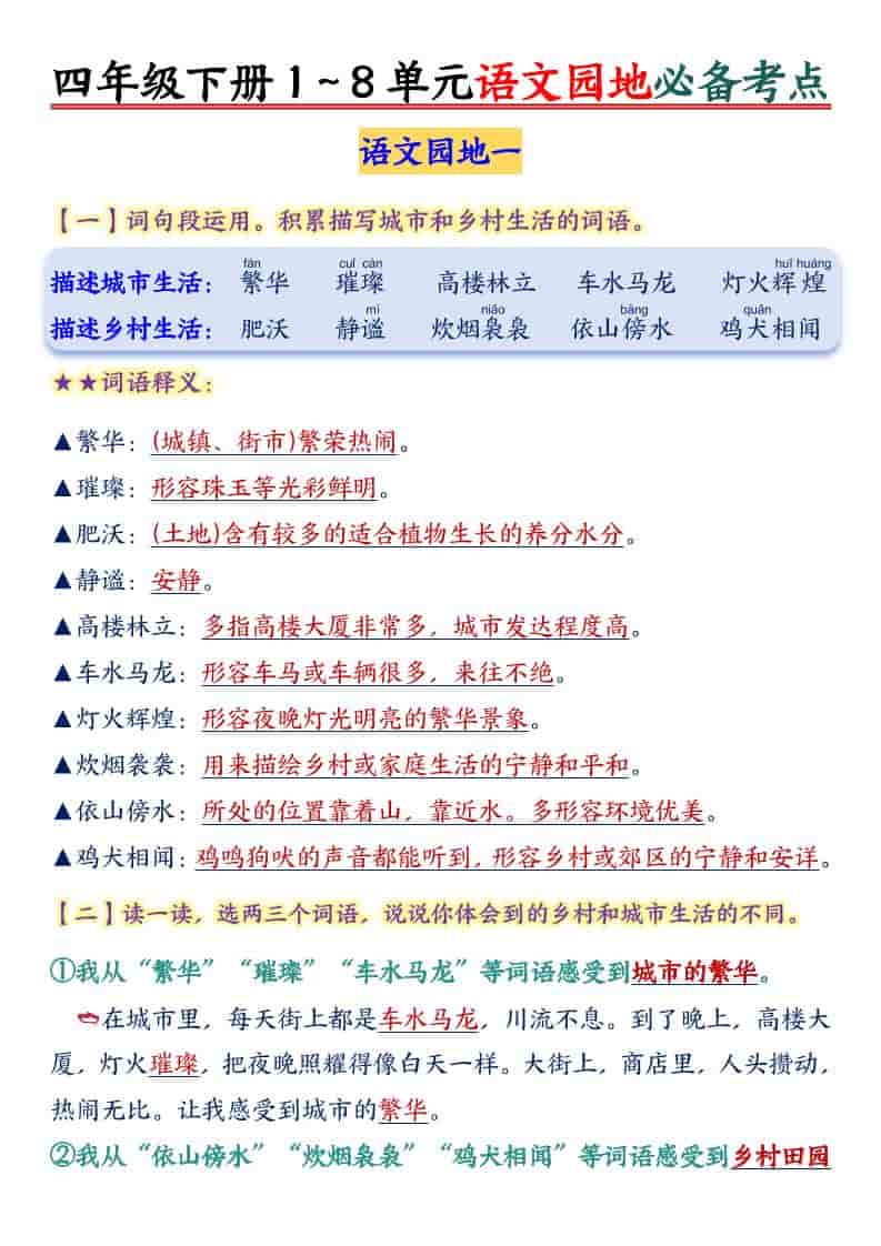 四年级下语文园地1-8单元必备考点-悟思笔记，一个低调的学习营。