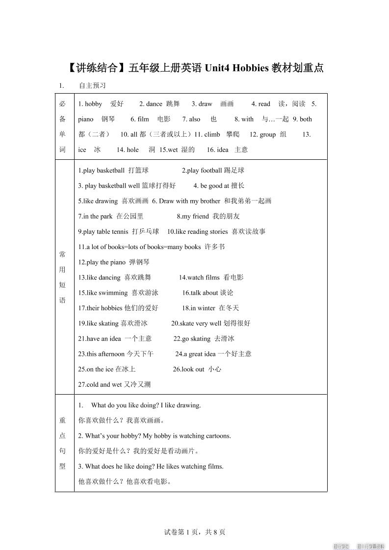 【单元热点难点】译林版（三起）英语五年级上册Unit4Hobbies教材划重点-悟思笔记，一个低调的学习营。