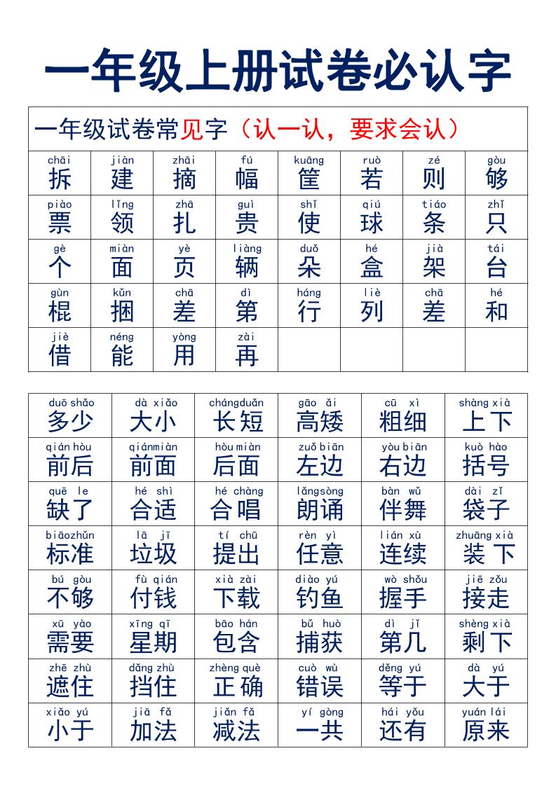 一年级上语文试卷必认字-悟思笔记，一个低调的学习营。