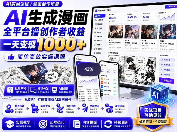 AI生成漫画全平台撸创作者收益内部课程，实操最高单日变现1k+-悟思笔记，一个低调的学习营。
