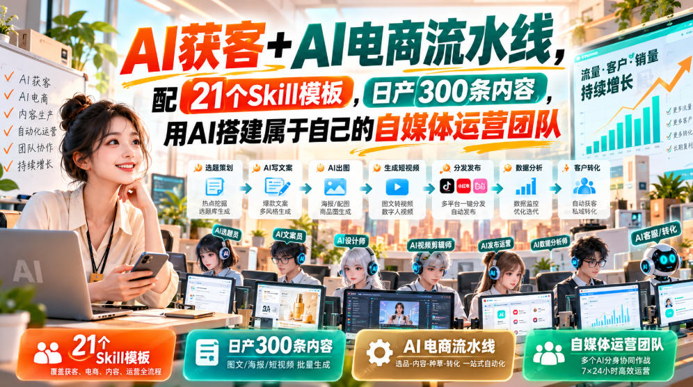 AI获客+AI电商流水线，配21个Skill模板，日产300条内容，用AI搭建属于自己的自媒体运营团队-悟思笔记，一个低调的学习营。