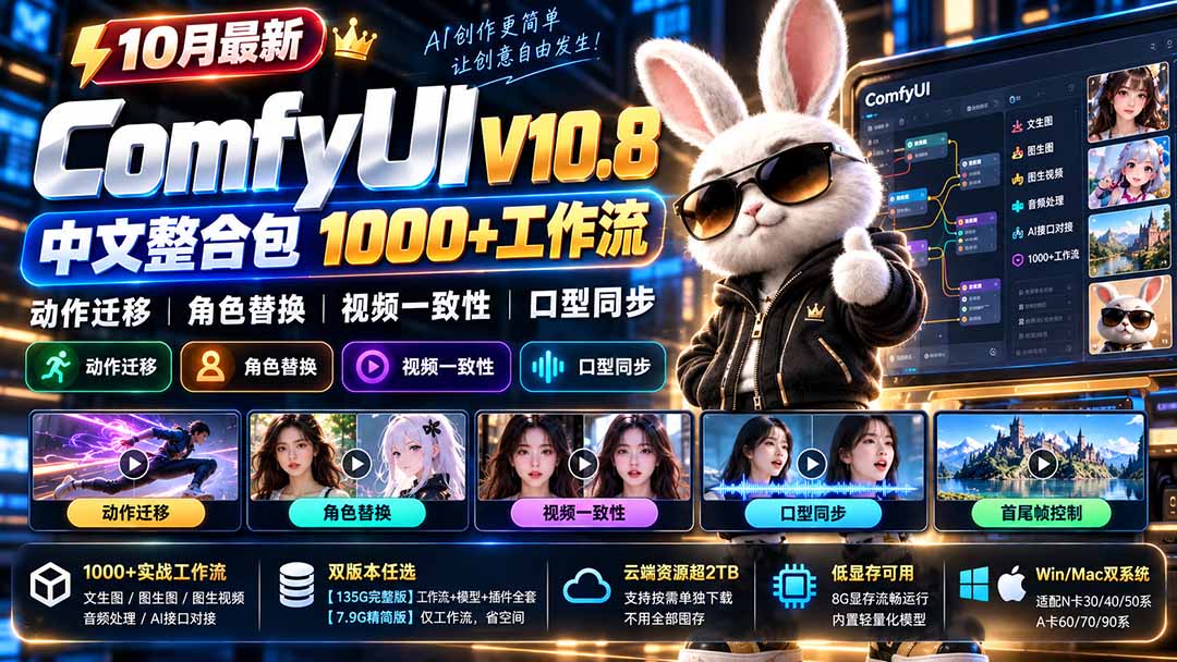 10月最新ComfyUI V10.8中文整合包 1000+工作流 动作迁移 角色替换 视频一致性 口型同步 低显存可用-悟思笔记，一个低调的学习营。