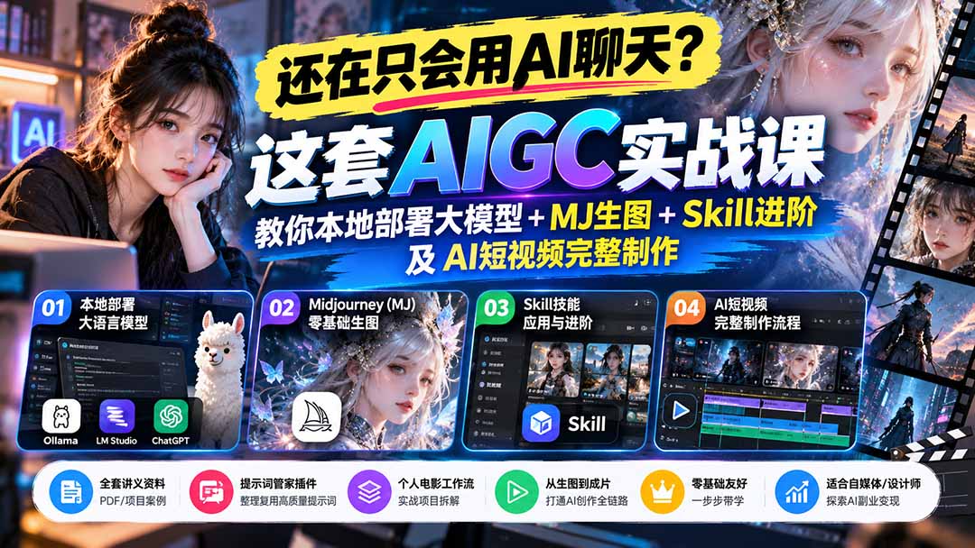【无水印】还在只会用AI聊天？这套AIGC实战课教你本地部署大模型+MJ生图+Skill进阶及AI短视频完整制作-悟思笔记，一个低调的学习营。