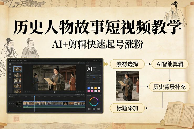 历史人物故事短视频教学，AI+剪辑制作历史人物题材短视频，快速起号涨粉-悟思笔记，一个低调的学习营。