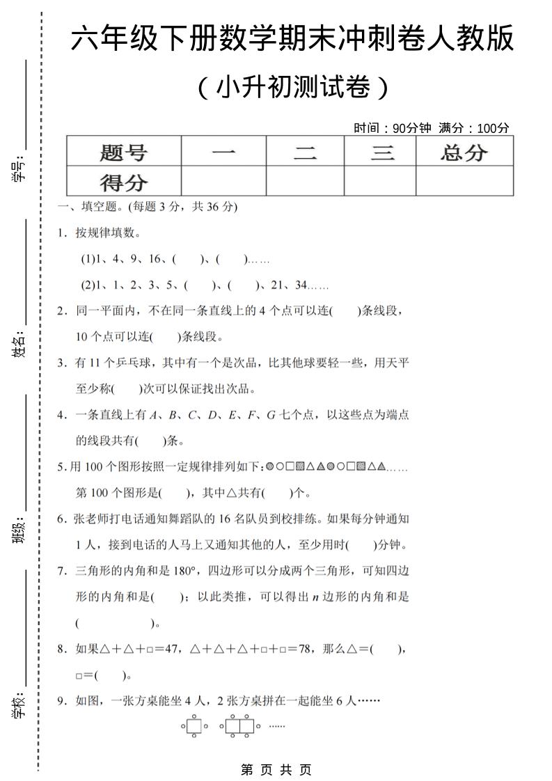 六年级下数学期末小升初冲刺卷《人教版》-悟思笔记，一个低调的学习营。
