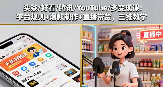 头条/好看/腾讯/YouTube/多变现课：平台规则+爆款制作+直播带货，三维教学-悟思笔记，一个低调的学习营。