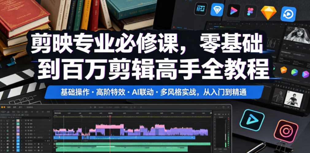 剪映专业必修课，零基础到百万剪辑高手全教程，基础操作・高阶特效・AI联动・多风格实战，从入门到精通-悟思笔记，一个低调的学习营。