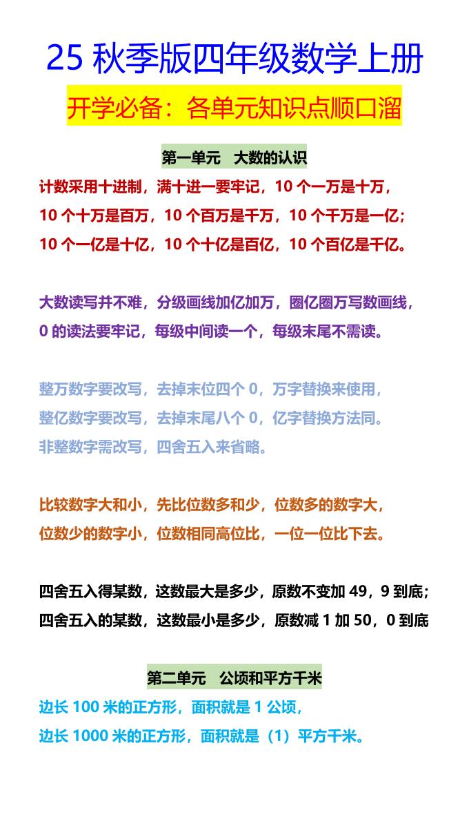 【2025秋新版】四年级数学上册开学必备：各单元知识点顺口溜-悟思笔记，一个低调的学习营。
