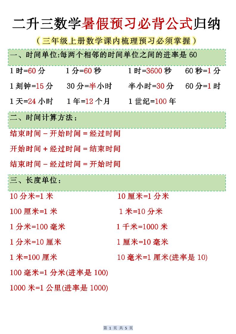 人教版二升三数学暑假预习必背公式归纳-三上数学-悟思笔记，一个低调的学习营。