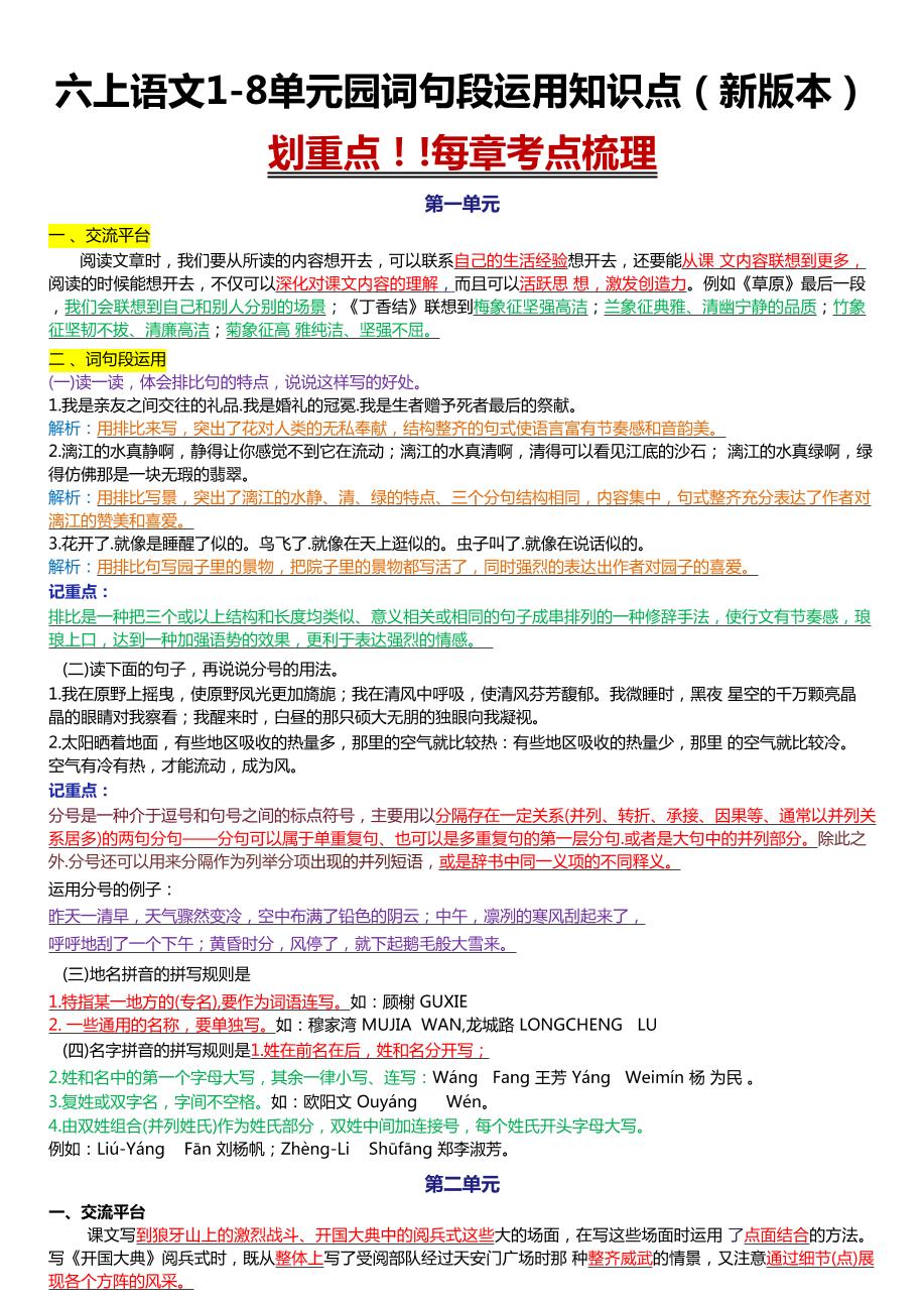 六上语文1-8单元园词句段运用知识点（新版本）docx-悟思笔记，一个低调的学习营。