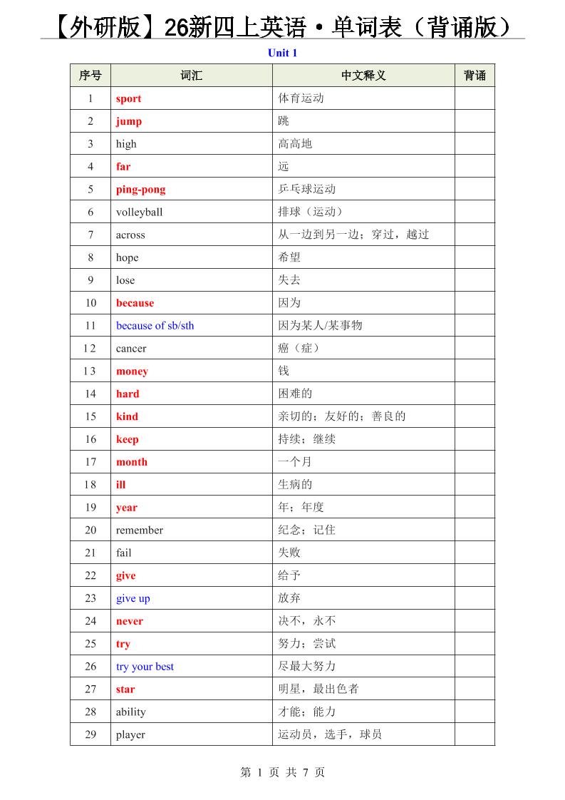 【外研版】26新四上英语·单词表（背诵版）-悟思笔记，一个低调的学习营。