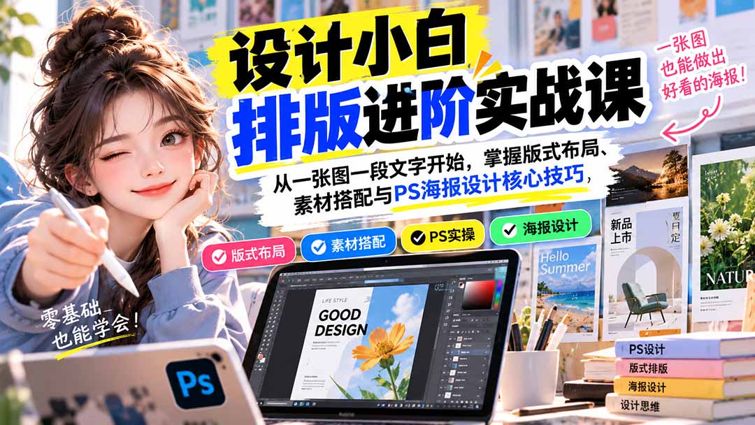 设计小白排版进阶实战课：从一张图一段文字开始，掌握版式布局、素材搭配与PS海报设计核心技巧-悟思笔记，一个低调的学习营。