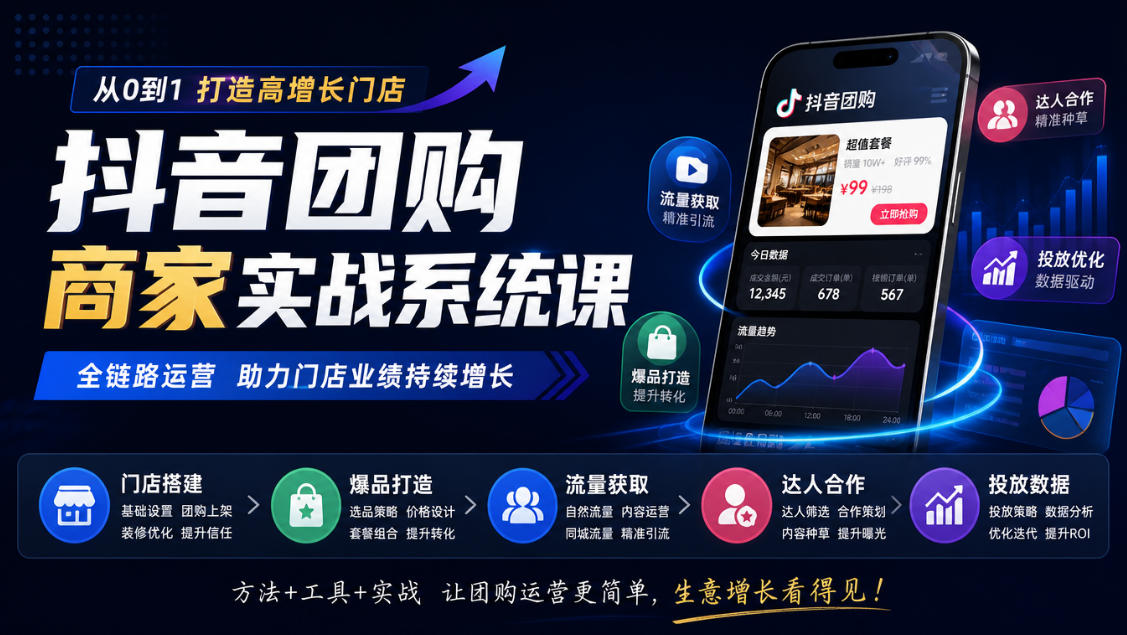 抖音团购商家实战系统课｜门店搭建、爆品打造、流量获取、达人合作、投放数据全链路运营-悟思笔记，一个低调的学习营。