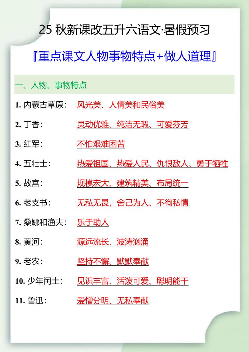 【2025秋新版】五升六重点课文人物事物特点+做人道理-六上语文-悟思笔记，一个低调的学习营。