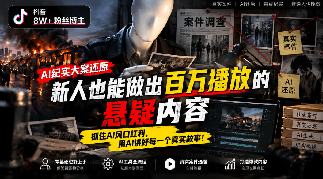 抖音8W粉丝博主的AI纪实大案还原教学，新人也能做出百W播放的悬疑内容，抓住AI风口红利，用AI讲好每一个真实故事-悟思笔记，一个低调的学习营。