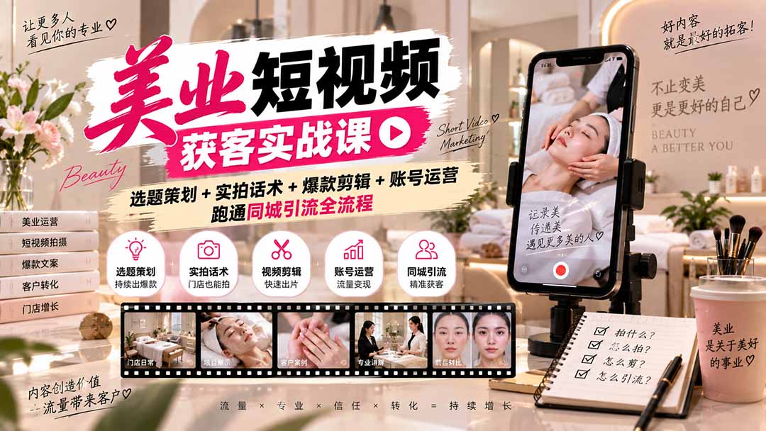 美业短视频获客实战课-无水印：选题策划+实拍话术+爆款剪辑+账号运营，跑通同城引流全流程-悟思笔记，一个低调的学习营。