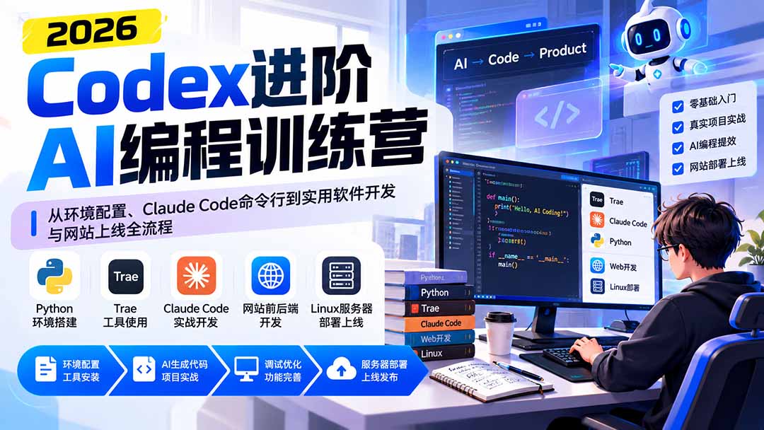 Codex进阶AI编程训练营：从环境配置、Claude Code命令行到实用软件开发与网站上线全流程-悟思笔记，一个低调的学习营。