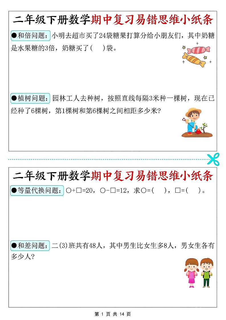 二年级下数学期中复习易错思维小纸条-悟思笔记，一个低调的学习营。