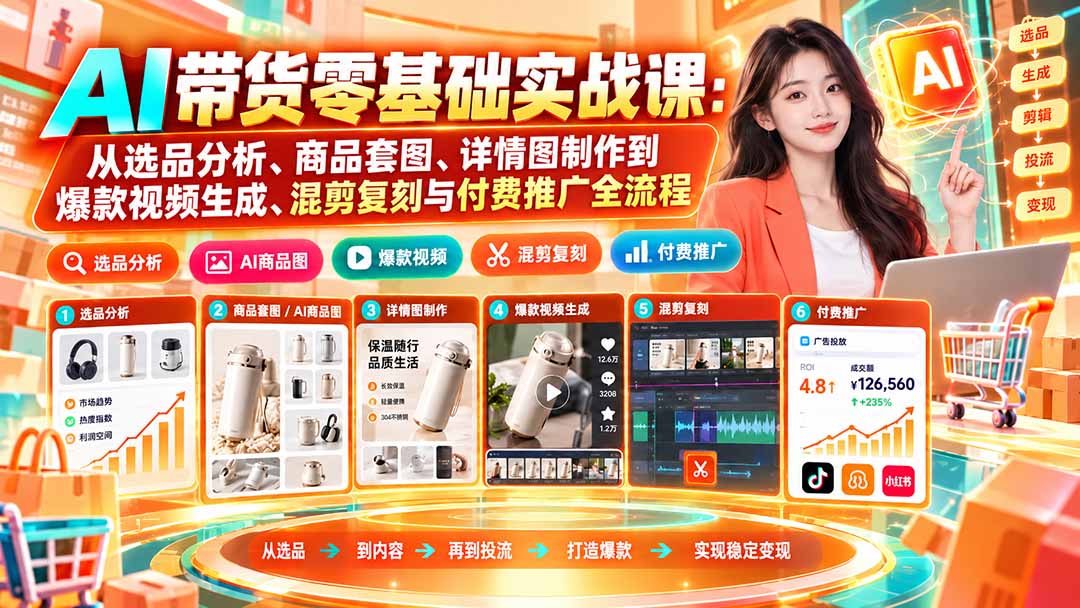 AI带货零基础实战课：从选品分析、商品套图、详情图制作到爆款视频生成、混剪复刻与付费推广全流程-悟思笔记，一个低调的学习营。