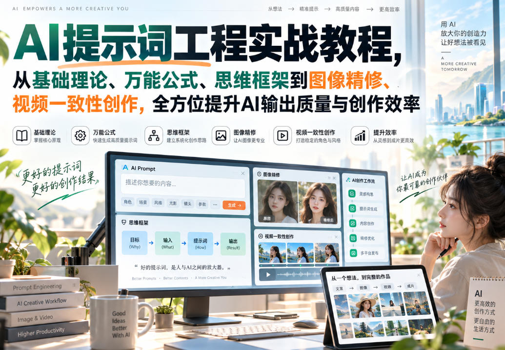 AI提示词工程实战教程，从基础理论、万能公式、思维框架到图像精修、视频一致性创作，全方位提升AI输出质量与创作效率-悟思笔记，一个低调的学习营。