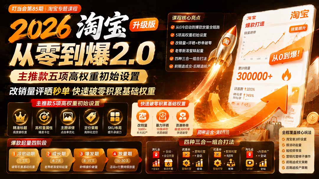 2026淘宝从零到爆2.0第85期；主推款五项高权重初始设置，改销量评晒秒单快速破零积累基础权重-悟思笔记，一个低调的学习营。