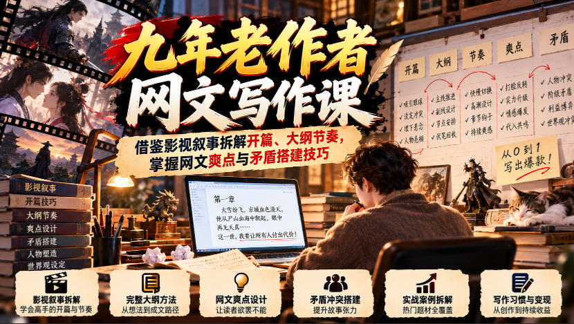 九年老作者网文写作课：借鉴影视叙事拆解开篇、大纲节奏，掌握网文爽点与矛盾搭建技巧-悟思笔记，一个低调的学习营。