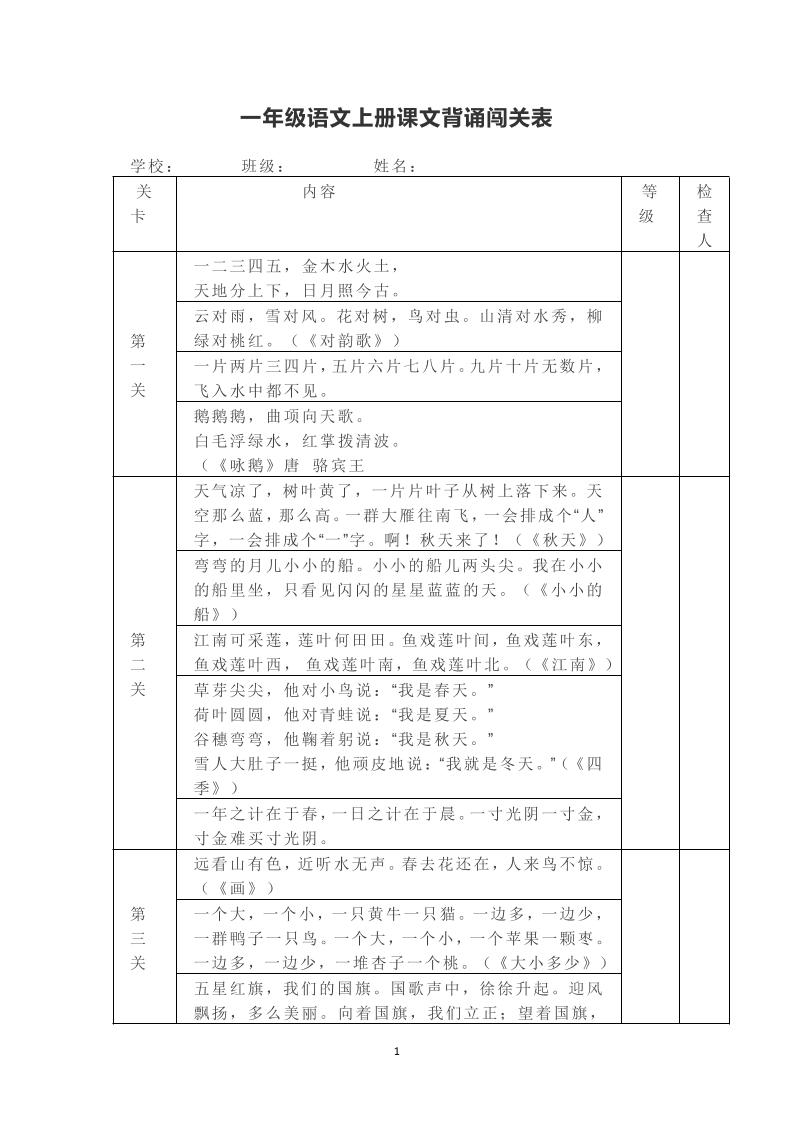 一年级上册语文背诵课文内容及闯关表-悟思笔记，一个低调的学习营。