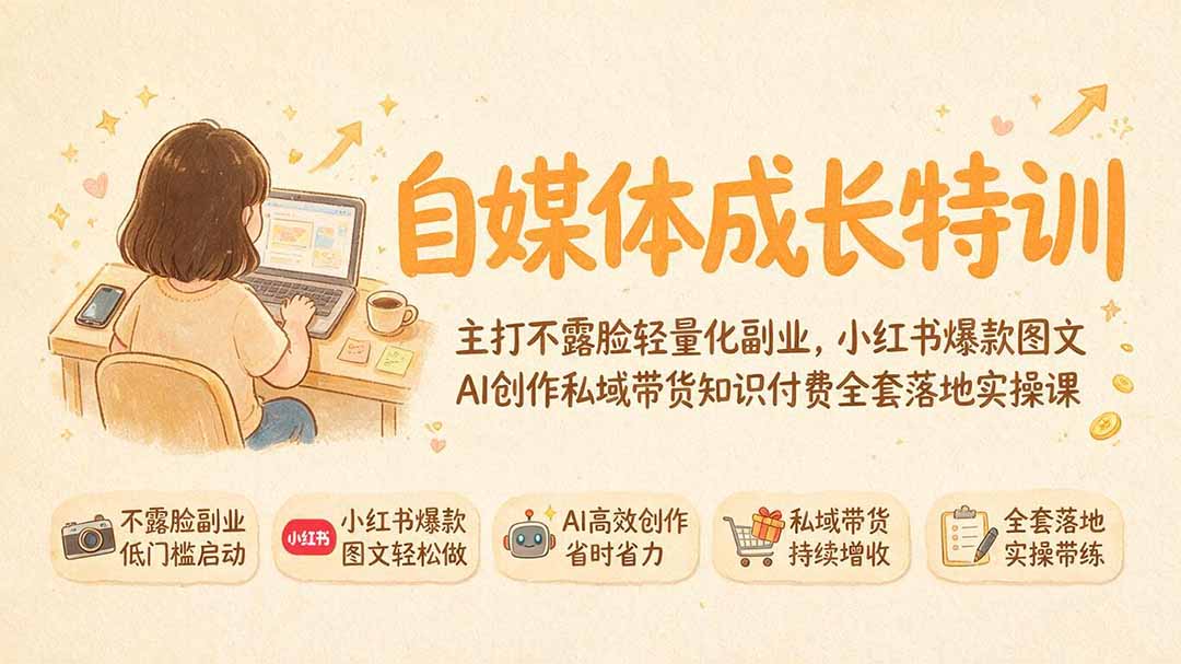 自媒体成长特训｜主打不露脸轻量化副业，小红书爆款图文AI创作私域带货知识付费全套落地实操课-悟思笔记，一个低调的学习营。