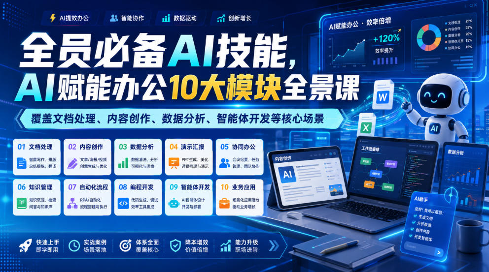 全员必备AI技能，AI赋能办公10大模块全景课，覆盖文档处理、内容创作、数据分析、智能体开发等核心场景-悟思笔记，一个低调的学习营。