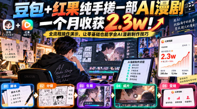 豆包+红果纯手搓一部AI漫剧一个月收获2.3w！全流程操作演示，让零基础也能学会AI漫剧制作技巧-悟思笔记，一个低调的学习营。