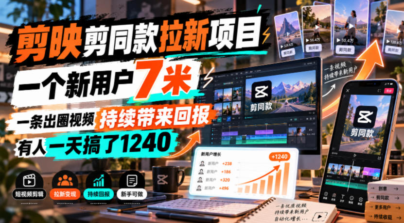 剪映剪同款拉新项目，一个新用户7米，一条出圈视频持续带来回报，有人一天搞了1240-悟思笔记，一个低调的学习营。