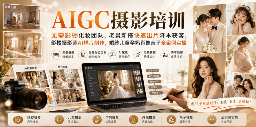 AIGC摄影培训｜无需影棚化妆团队，老景新搭快速出片降本获客，影楼摄影师AI样片制作，婚纱儿童孕妈肖像亲子全案例实操-悟思笔记，一个低调的学习营。
