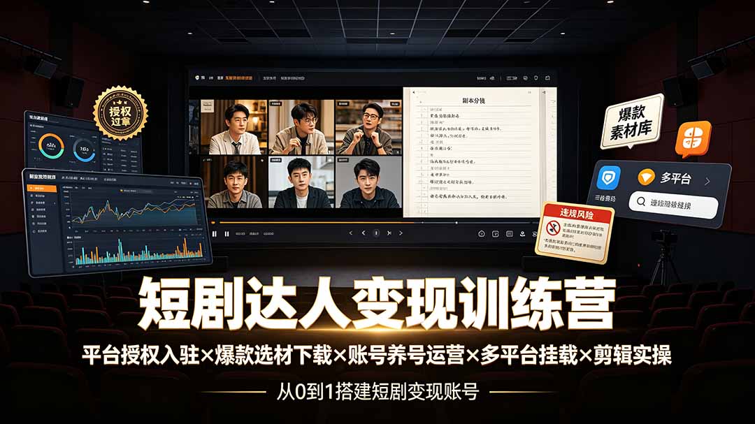 短剧达人变现训练营：平台授权入驻×爆款选材下载×账号养号运营×多平台挂载×剪辑实操×违规处理全流程-悟思笔记，一个低调的学习营。