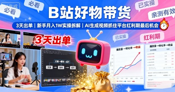 B站好物带货，3天出单，新手月入1W实操拆解，AI生成视频，抓住平台红利期最后机会-悟思笔记，一个低调的学习营。