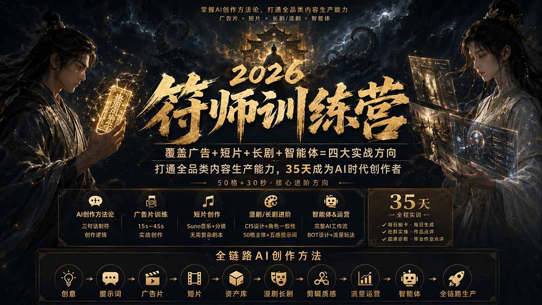 符师训练营-35天成为AI时代创作者，广告+短片+漫剧+智能体四大实战方向，掌握从创意到上线的完整工作流-悟思笔记，一个低调的学习营。
