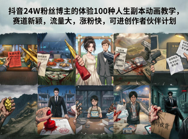 抖音24W粉丝博主的体验100种人生副本动画教学，赛道新颖，流量大，涨粉快，可进创作者伙伴计划-悟思笔记，一个低调的学习营。