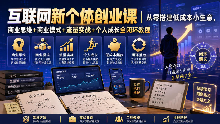 互联网新个体创业课｜从零搭建低成本小生意，商业思维+商业模式+流量实战+个人成长全闭环教程-悟思笔记，一个低调的学习营。