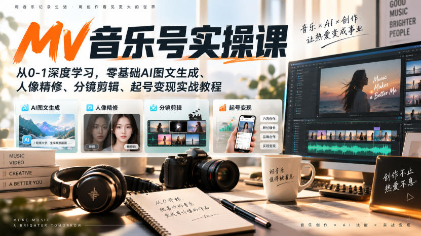 AI MV音乐号实操课，从0-1深度学习，零基础AI图文生成、人像精修、分镜剪辑、起号变现实战教程-悟思笔记，一个低调的学习营。