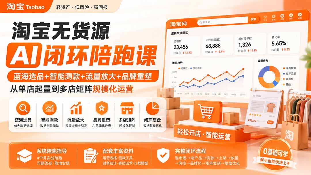 淘宝无货源AI闭环陪跑课：蓝海选品+智能测款+流量放大+品牌重塑，从单店起量到多店矩阵规模化运营-悟思笔记，一个低调的学习营。