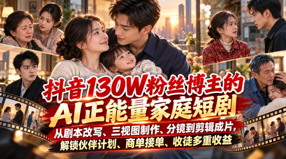 抖音130W粉丝博主的AI正能量家庭短剧，从剧本改写、三视图制作、分镜到剪辑成片，解锁伙伴计划、商单接单、收徒多重收益-悟思笔记，一个低调的学习营。