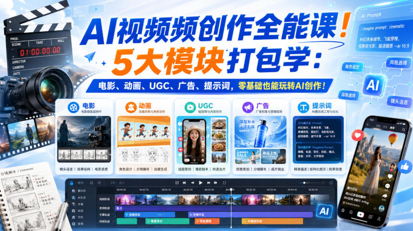 AI视频频创作全能课！5大模块打包学：电影、动画、UGC、广告、提示词，零基础也能玩转AI创作！【原创双语字幕】-悟思笔记，一个低调的学习营。